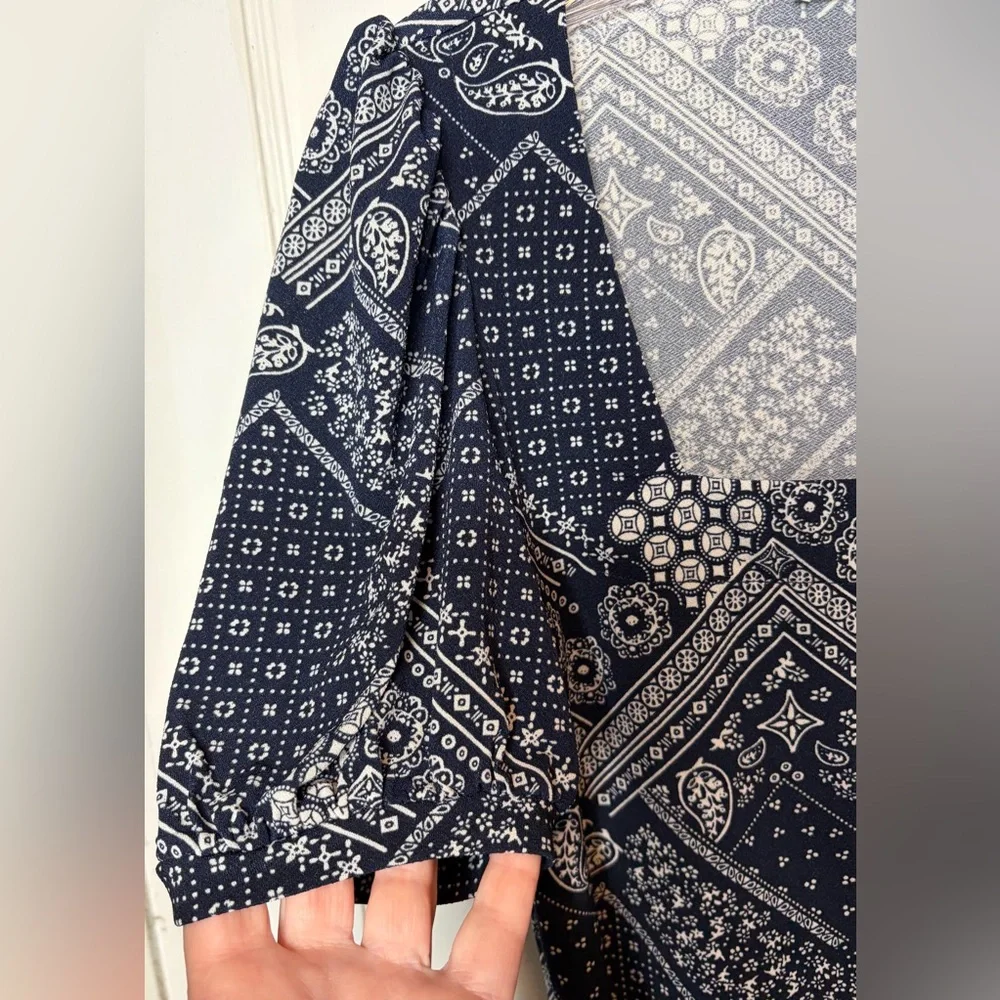 Cleo Petite XS Navy Blue Bandana Print Square Neck Puff Sleeve Top Boho Hippie